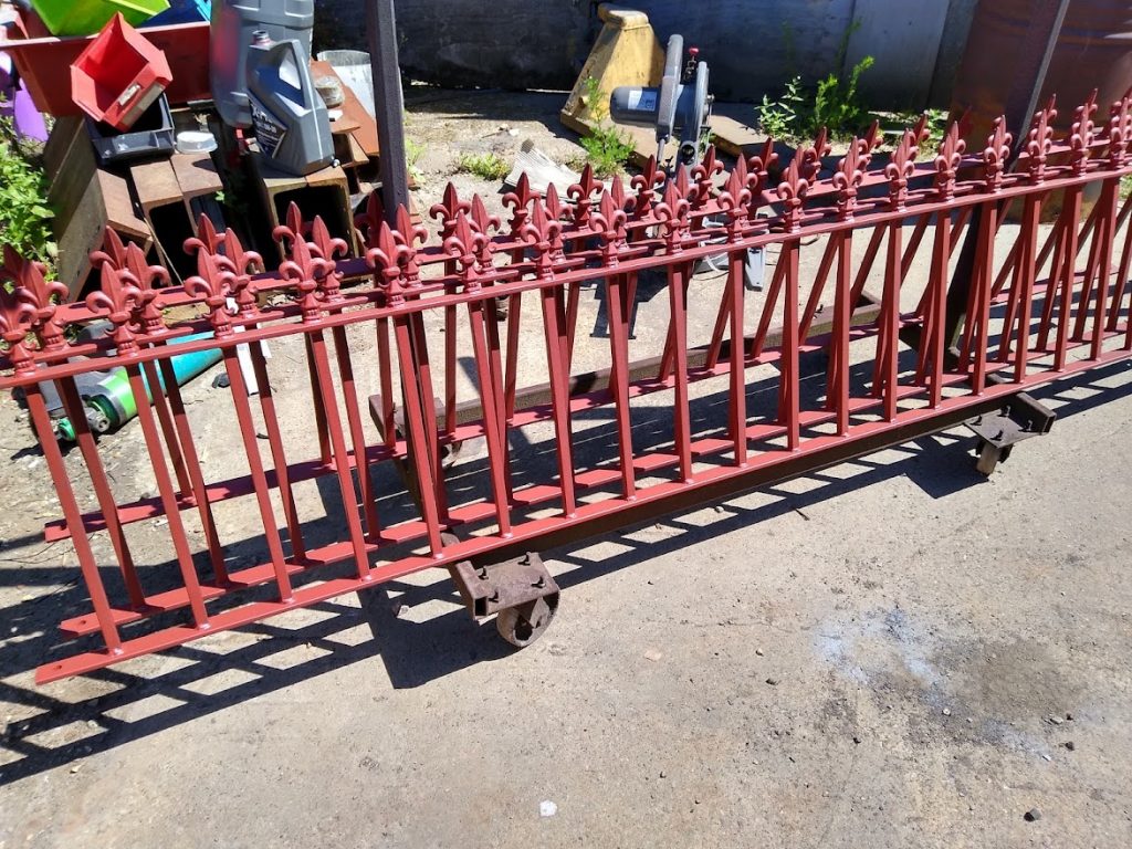 Primed metal railings waiting for final coat of paint.